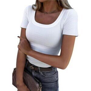Womens Scoop Neck Ribbed T Shirt Slim Fit Short Sleeve Knit Stretchy Top